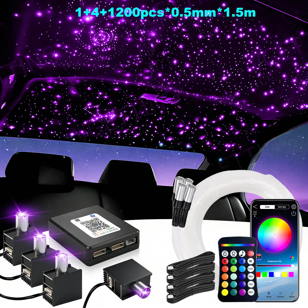 16W Split Starlight Headliner Kit, Fiber Optic RGBW Star Lights for Car Roof Ceiling with 1/2/4 Light Heads, App/Remote Control