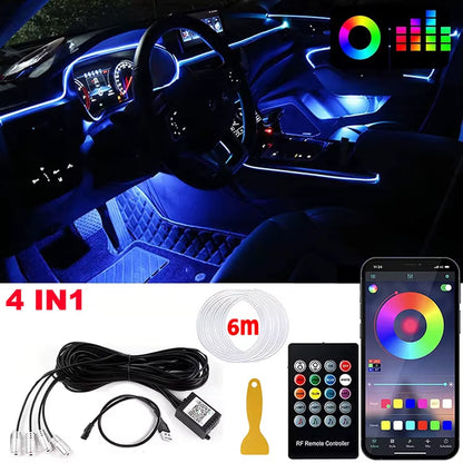 LED Car Interior Ambient Strip Lights RGB Fiber Optic Atmosphere Neon Lighting Kit W/ APP Remote Control Auto Decorative Lamps