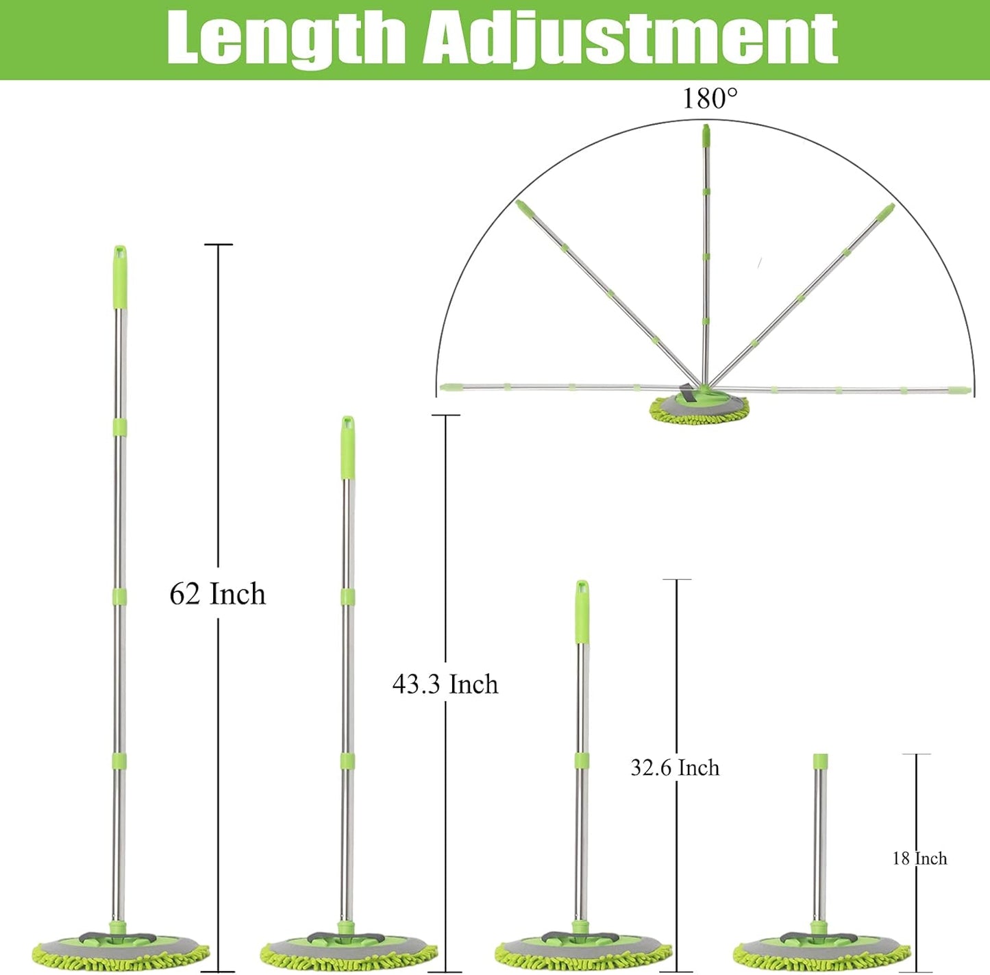 62 " Car Wash Mop Kit - Car Cleaning Mop with Long Handle Stainless Steel Pole for Rvs, Suvs, Trucks and Buses (Green)