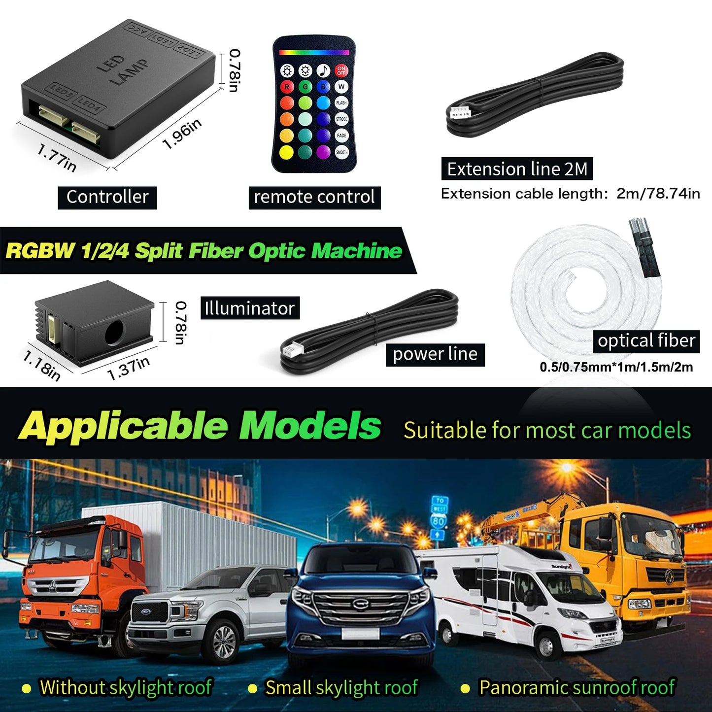 16W Split Starlight Headliner Kit, Fiber Optic RGBW Star Lights for Car Roof Ceiling with 1/2/4 Light Heads, App/Remote Control