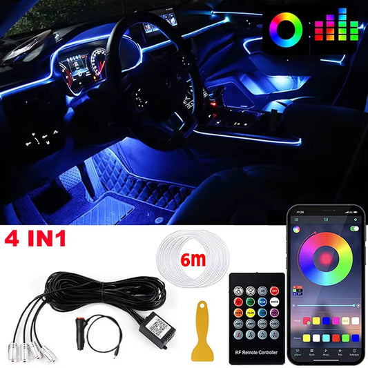 LED Car Interior Ambient Strip Lights RGB Fiber Optic Atmosphere Neon Lighting Kit W/ APP Remote Control Auto Decorative Lamps